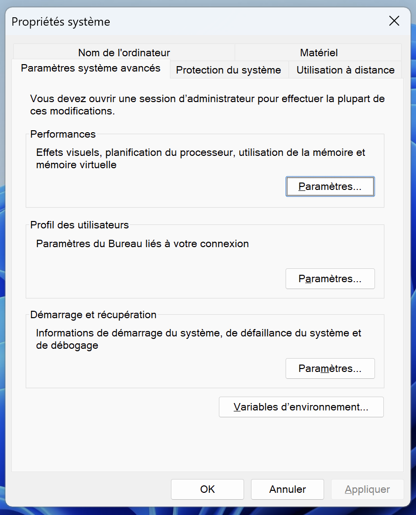 Paramètres système avancés