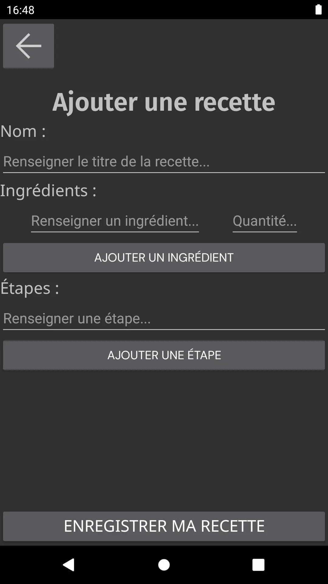 Page ajouter recette