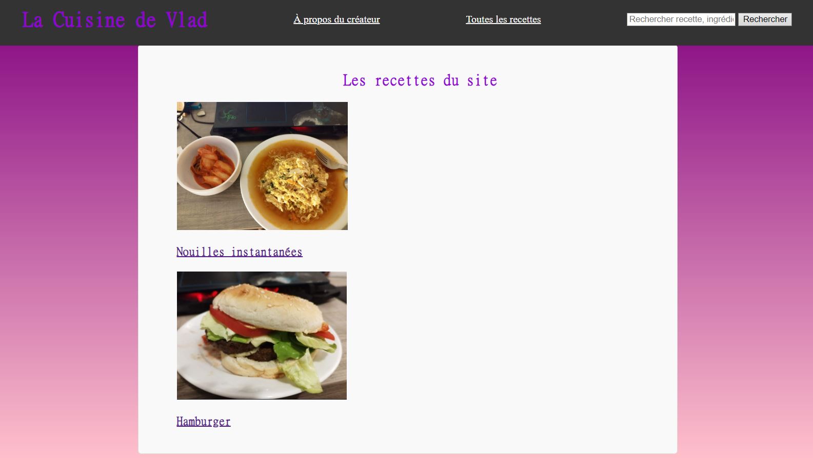 Page listant toutes les recettes du site