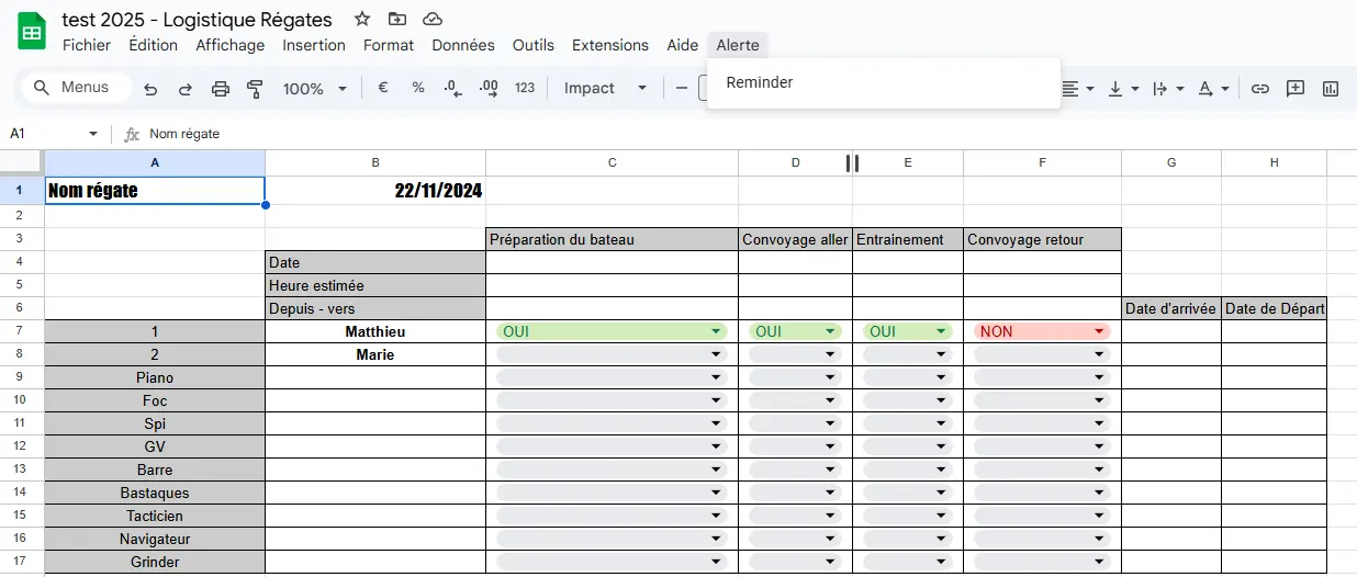 Sheet de présence avec Automatisme